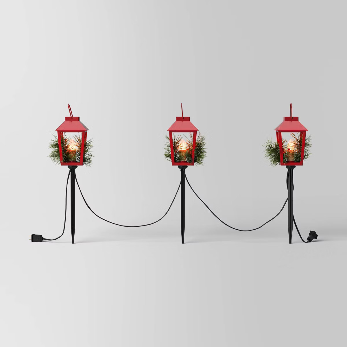 3pc Incandescent Red Metal Lantern with Greenery Christmas Novelty Path Light Clear - Wondershop... | Target