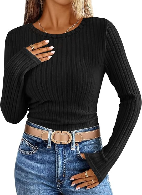 ANRABESS Long Sleeve Shirts for Women Ribbed Knit Tshirt Slim Fit Crewneck Basic Tee Top 2026 Fal... | Amazon (US)