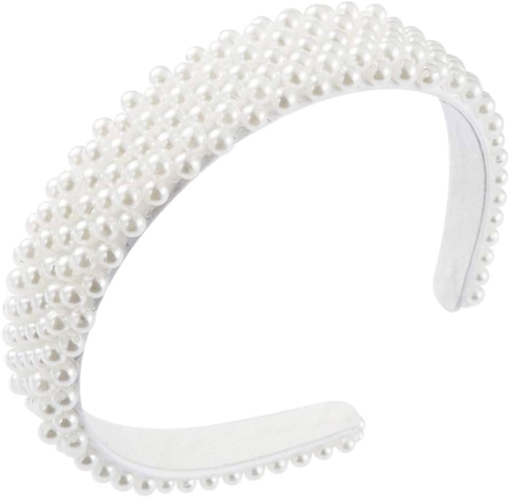 Pearl Headbands for Girls and Women, Plastic Wide Hair Hoop Band Embellish with Bling String Bead... | Amazon (US)