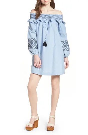 Women's Rebecca Minkoff Goldie Off The Shoulder Shift Dress, Size XX-Small - Blue | Nordstrom