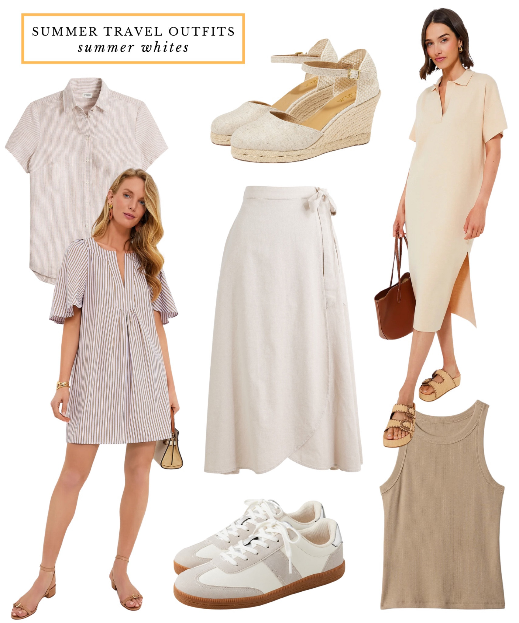 Summer travel outfits - summer whites, neutrals // casual dress, sundresses, wraparound skirt, sandals, linen dress 

#LTKtravel #LTKsummer #LTKover50style