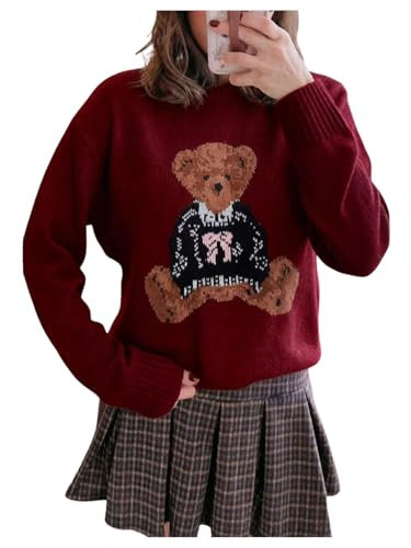 GORGLITTER Women's Bear Sweater Oversized Cute Graphic Cozy Long Sleeve Crew Neck Knit Fall Sweaters Trendy 2026 Burgundy Large | Amazon (US)