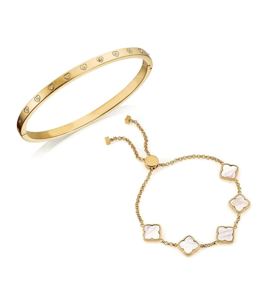 Crystal Heart Bangle & Multi Pearl Clover Bracelet Bundle (Gold) | Abbott Lyon