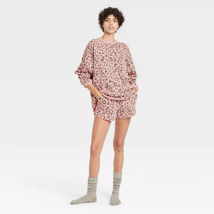 Women's Spotted Heart and Leopard Print Pajama Set - Soft Pink | Target