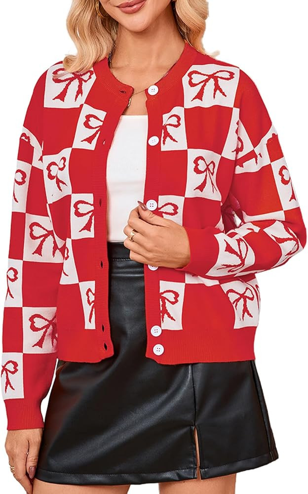 Bow Checkered Cardigan for Women Fall Open Front Chunky Knit Sweaters Crew Neck Button Down Jacke... | Amazon (US)