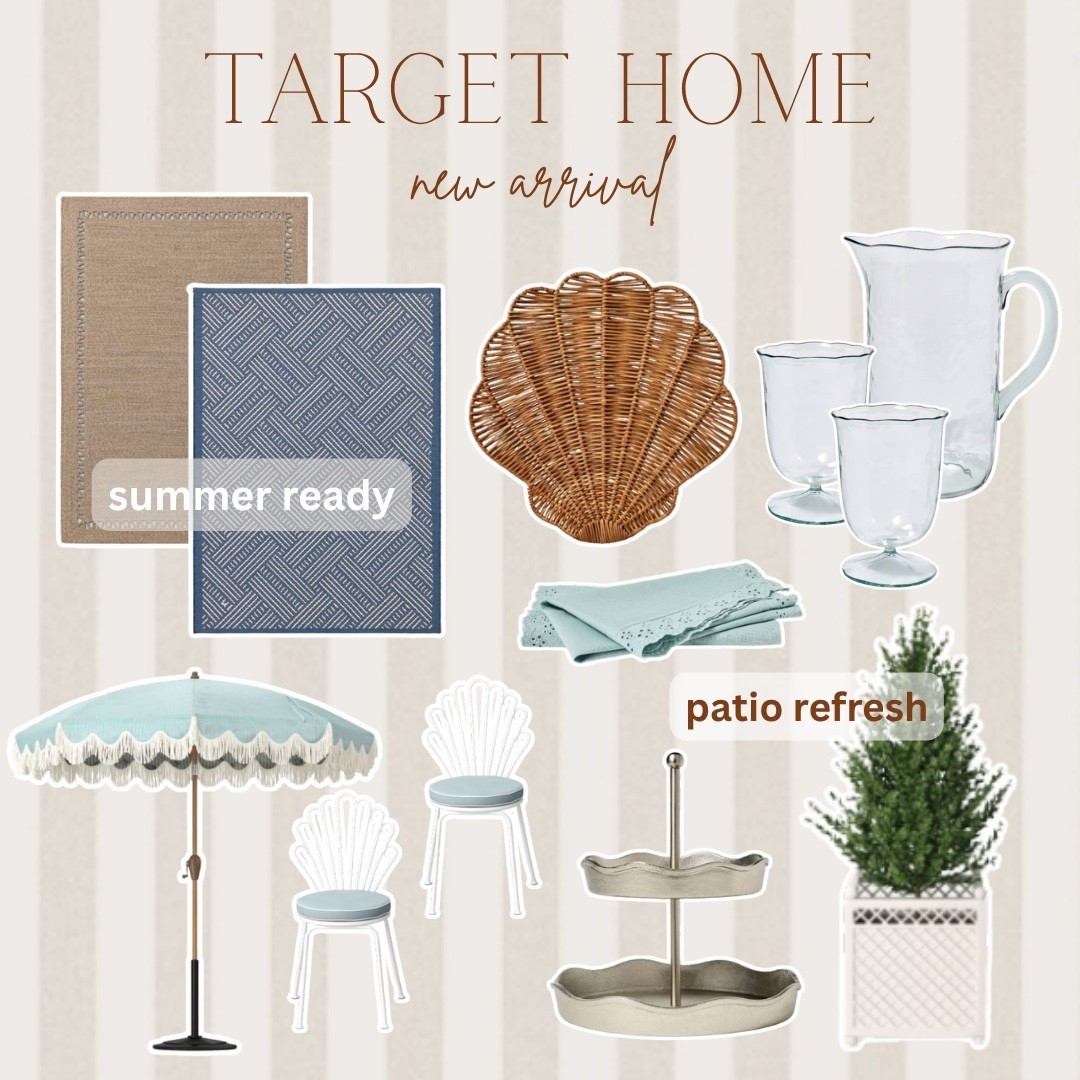 @Target  home new arrivals that are so good right now and your patio refresh starts right here 🤍✨ A natural jute rug, a navy geometric outdoor rug, a rattan shell decorative tray, a recycled glass pitcher and goblet set, sage green eyelet napkins, a teal fringe patio umbrella, white shell back patio chairs, a silver scallop tiered tray, and a faux cypress topiary in a lattice planter — every single summer ready piece your home and patio needs and every price will completely surprise you. 

#LTKHome #LTKSwim #LTKSeasonal