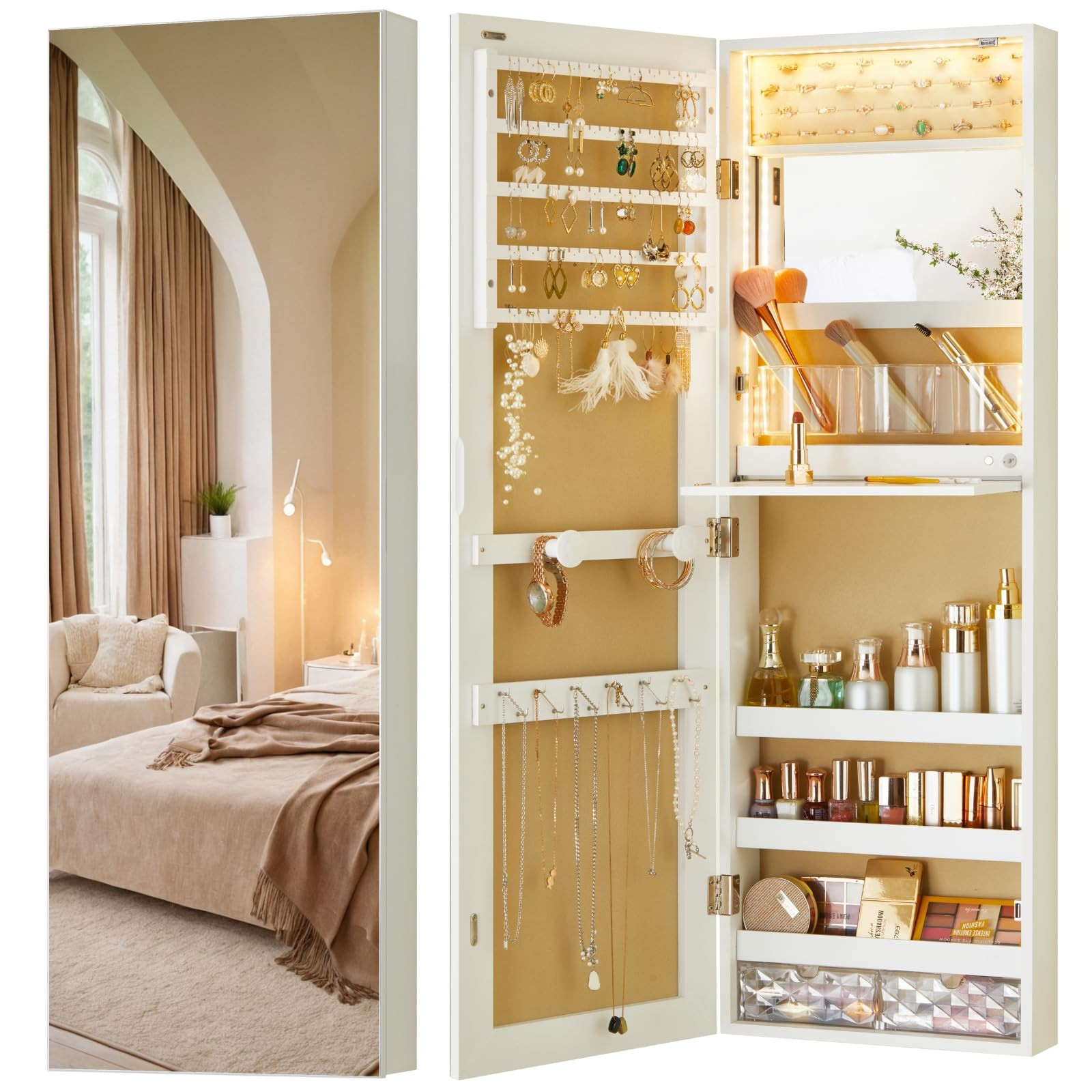 LUXFURNI Mirror Jewelry Cabinet Wall Mounted with lights, 42" Tall Over The Door Hanging Jewelry ... | Amazon (US)