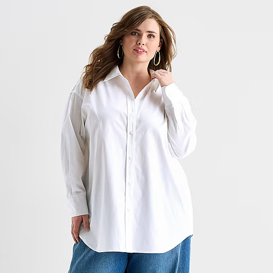 new!Ashley Graham Womens Plus Long Sleeve Relaxed Fit Poplin Button-Down Shirt | JCPenney