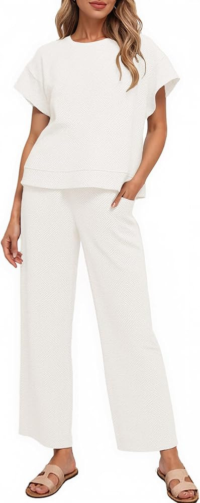 Bealin Conjunto deportivo para mujer, camiseta de manga corta, pantalones de pierna ancha, conjun... | Amazon (US)