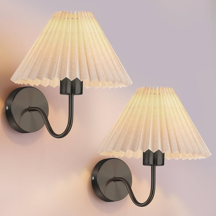 Wall Sconces Sets of 2, Indoor Wall Light Fixtures with Fabric Lampshade, Pleated Fabric Wall Lam... | Amazon (US)