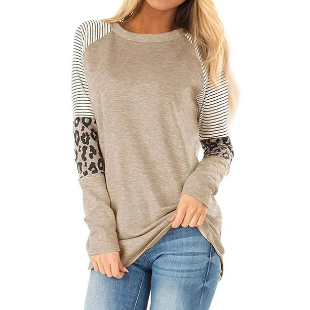 Women Crew Neck Long Sleeve Stripes Leopard Print Top | Walmart (US)