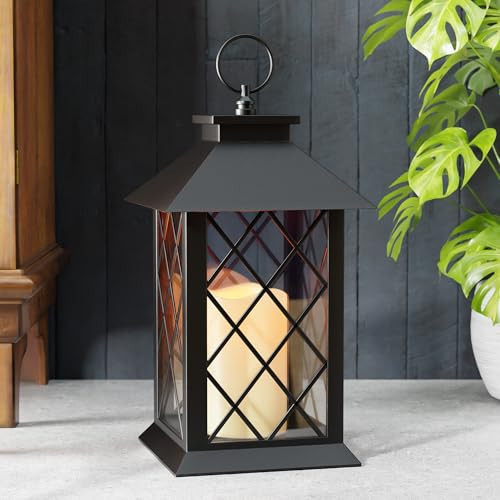 AFINETH 13.4" Lanterns Decorative Indoor, Black Lantern Decor with Timer Flickering Candle, Diamond-shaped Outdoor Lanterns, Waterproof Hanging Lantern for Patio, Porch, Entryway, Centerpieces, 1 Pack | Amazon (US)