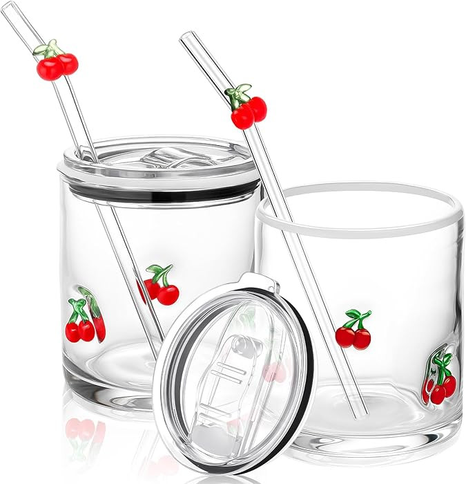 Patelai 2 Pcs Cherry Icon Glasses Cups with Lids and Straws 15oz Reusable Drinking Iced Coffee Gl... | Amazon (US)
