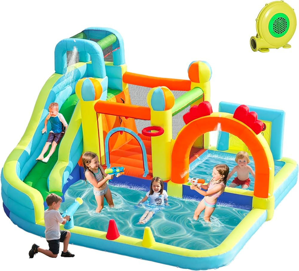 Inflatable Water Slide Park with Splash Pool for Kids,Climbing Wall,Bounce House with Ball Shooti... | Amazon (US)
