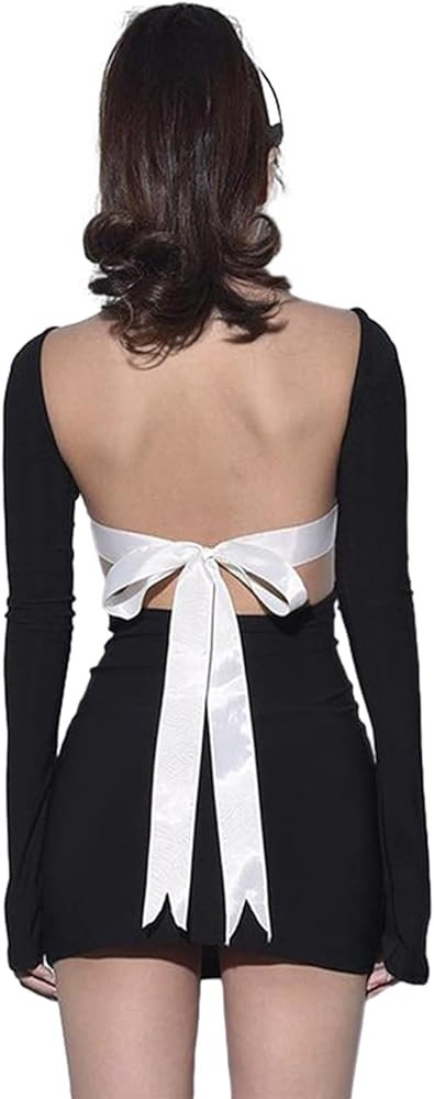 Women Sexy Open Back Mini Dress Long Sleeve Boat Neck Tie Up Bow Backless Bodycon Short Dress Clu... | Amazon (US)