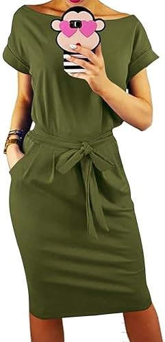 PRETTYGARDEN Women's Summer Short Sleeve Crewneck Striped Dress Basic Solid Tie Waist Office T Sh... | Amazon (US)