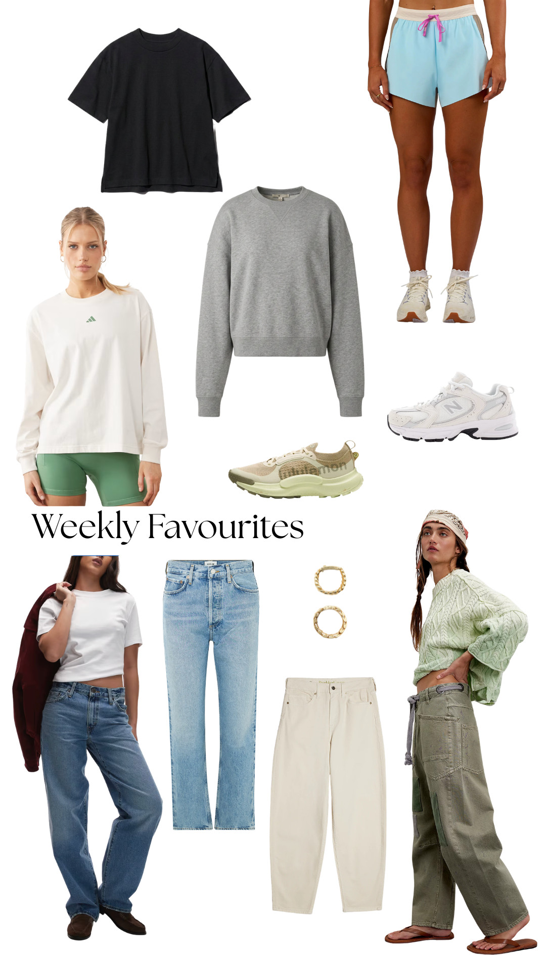 The Weekly Favourites Edit 

weekly favourites, wardrobe staples, everyday basics, casual outfits, athleisure edit, black tee, grey sweatshirt, cream sweatshirt, bike shorts, running shorts, neutral trainers, chunky sneakers, straight leg jeans, wide leg jeans, ecru jeans, khaki cargos, gold hoop bracelet, spring outfits, comfy chic, off duty style, LTK edit 

 #LTKspring #LTKsummer #LTKfitness