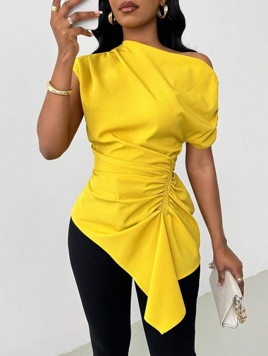 SHEIN VaVaLuxe Women Solid Color Asymmetric Collar Side Drawstring Ruched Fashion Blouse | SHEIN