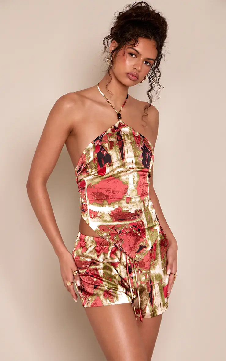Green Abstract Print Satin Top Co-ord | PrettyLittleThing UK