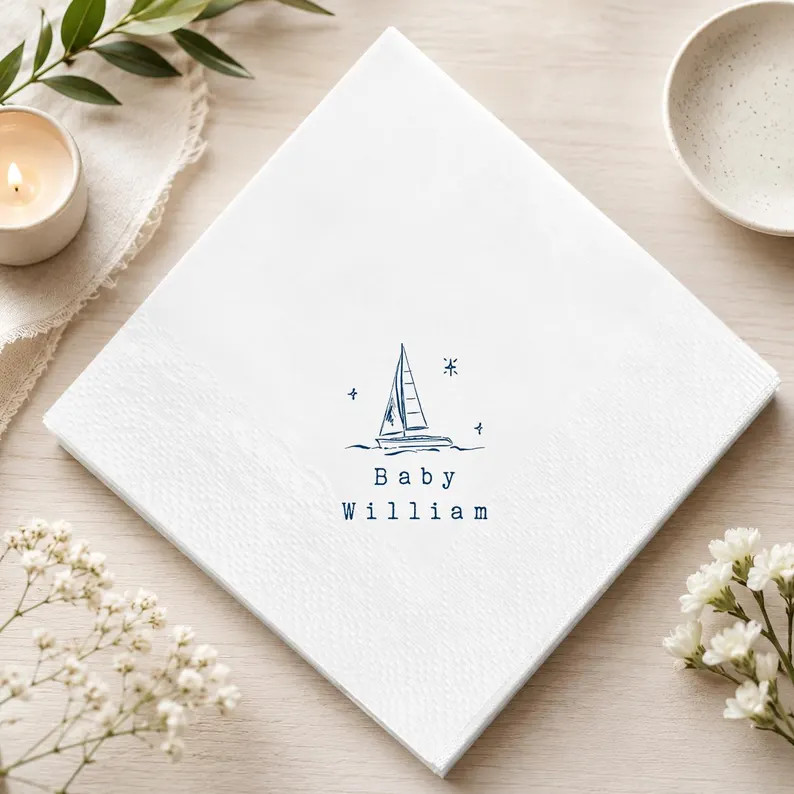 Custom Blue Sailboat Nautical Napkins, Baby Shower Cocktail Paper Napkins, Ahoy Its A Boy Decor, ... | Etsy (Global)