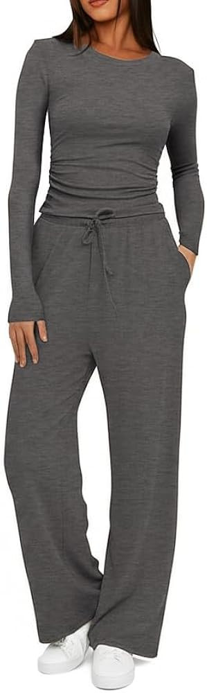 Arolina Two Matching Sets Airport Outfits for Women 2025 Travel Outfits Elasticity Crop Top & Eas... | Amazon (US)