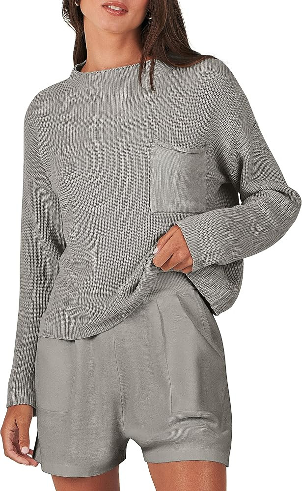 ANRABESS Women Two Piece Outfits Sweater Sets Knit Pullover Long Sleeves Tops and Shorts Sweatsui... | Amazon (US)
