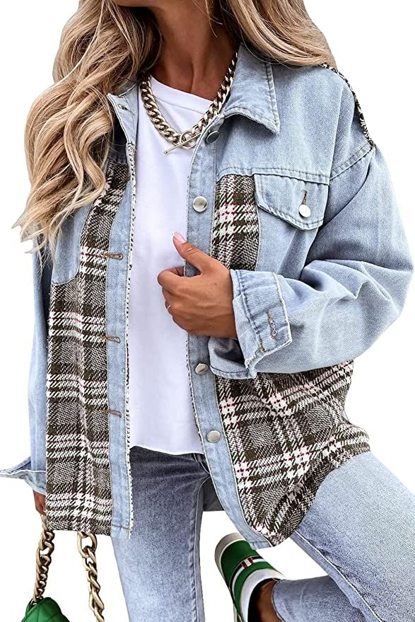 Joiemont Womens Plaid Denim Jacket Long Sleeve Button Down Shacket Jean Jacket Coat | Amazon (US)