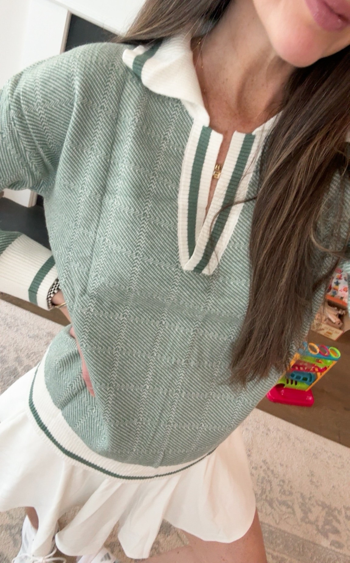 Cute golf outfit!! ⛳️ Wearing size small in sweater + skirt. Skirt has shorts built in 

