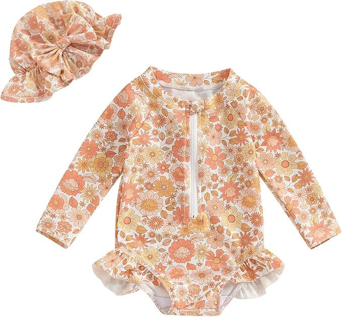 MERSARIPHY Baby Girl One-Piece Swimsuit Rash Guard Toddler Infant Zipper Long Sleeve Swimwear+Hat... | Amazon (US)