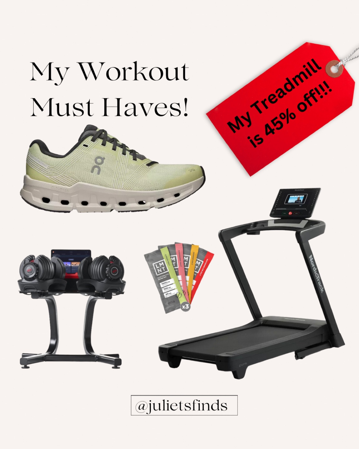 I am setting myself up for a successful 2024! Here are my workout must haves! Being a busy mom I need easy equipment at home. The adjustable free weights are great for both me and my husband. It gets so cold here so an indoor running option is needed with this Nordic track treadmill that is currently 45% off! You need good shoes, I love the Cloudgo by on cloud. And lastly LMNT drink supplements are life changing!!!! They add salt, potassium, and magnesium so you are able to workout harder without getting dehydrated. ♥️ #workout #homegym 

#LTKCyberWeek #LTKfitness #LTKshoecrush