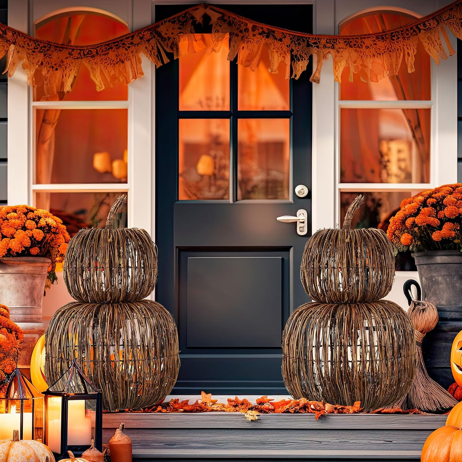 Colingmill 20 Inch 2 Set Stackable Pumpkins Wicker Rattan Pumpkin for Porch | Amazon (US)