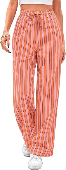 PRETTYGARDEN Women's Wide Leg Lounge Pants 2025 Summer Drawstring Elastic Waist Comfy Striped Paj... | Amazon (US)