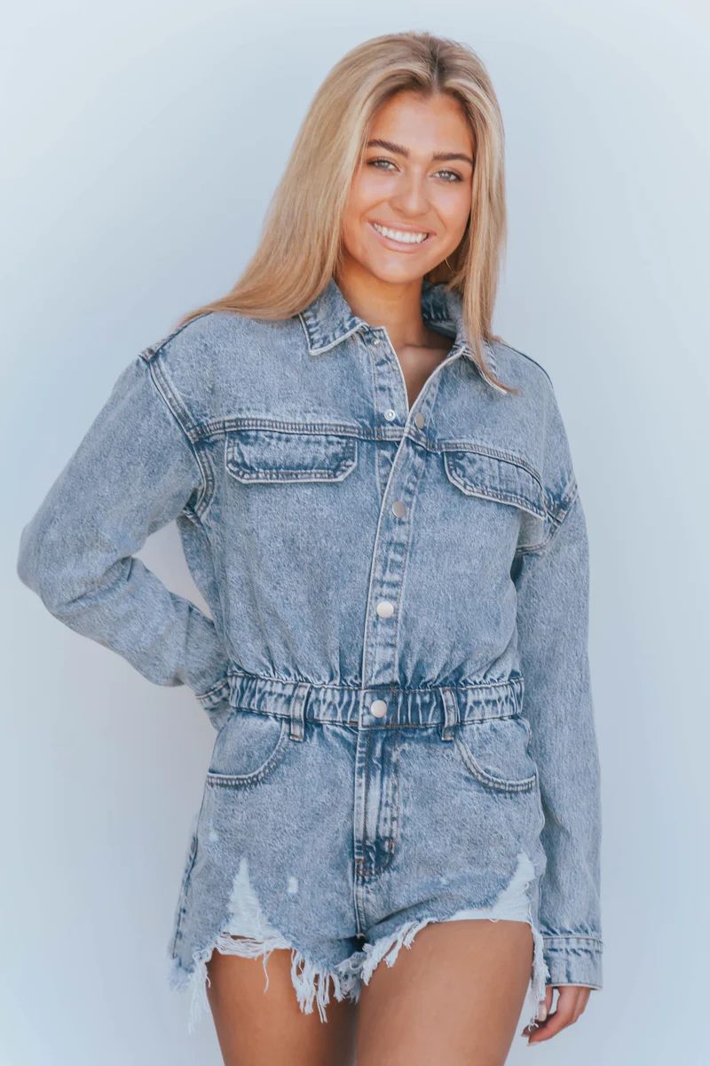 Hooked On You Vintage Blue Distressed Denim Romper | Apricot Lane Boutique