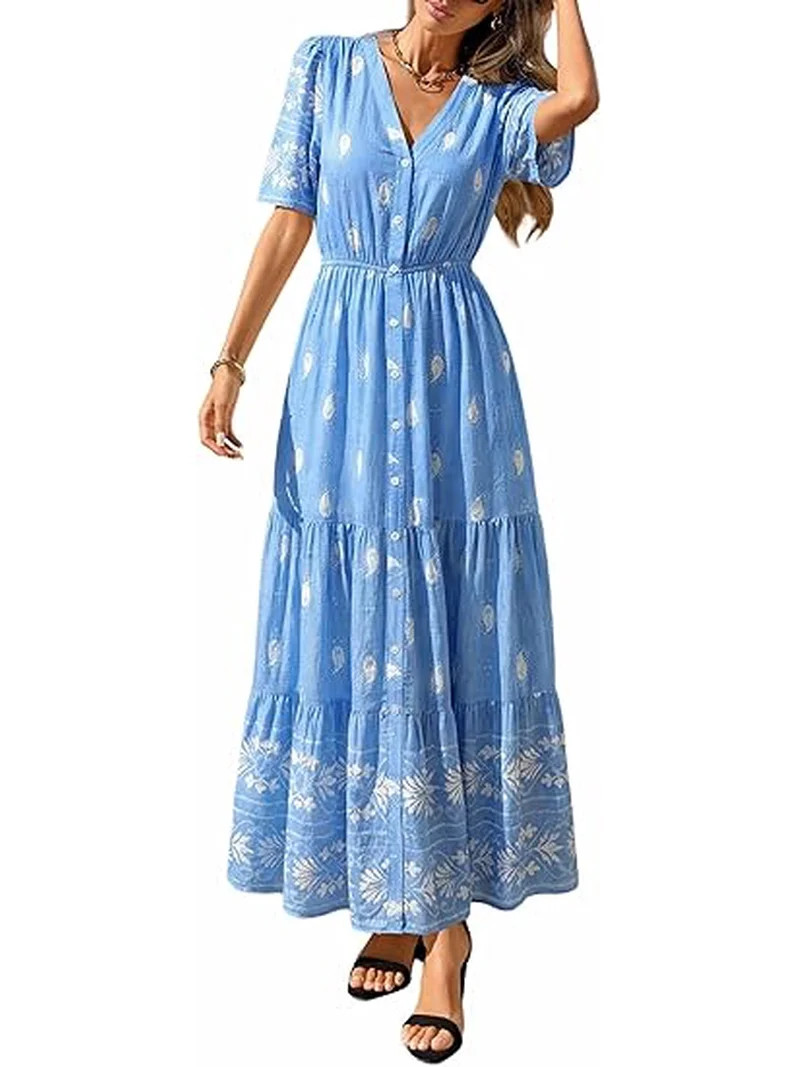 PRETTYGARDEN Womens Summer Boho Maxi Dress Trendy Short Sleeve V Neck Flowy Beach Floral Dresses ... | Walmart (US)