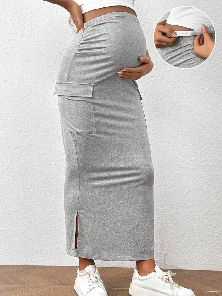 SHEIN Young Women's Casual Adjustable Elastic Waist, Pocket, Slit Hem Skirt For Maternity | SHEIN