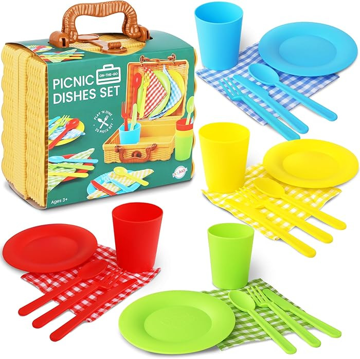 Kids Picnic Basket Toy Dishes, 25 Piece Plastic Tea Party Set - Colored Pretend Play Dishes Plays... | Amazon (US)