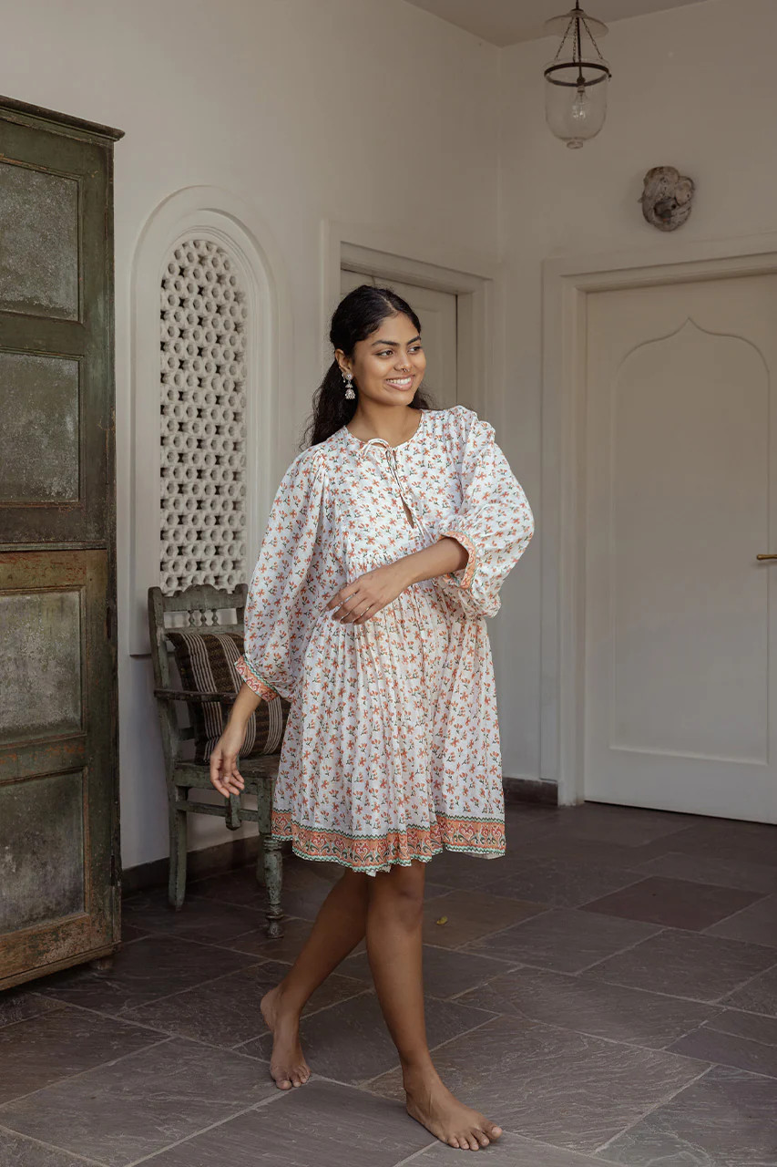 Kyra Mini Dress ~ Coral | Block Printed by Hand in India | Daughters of India