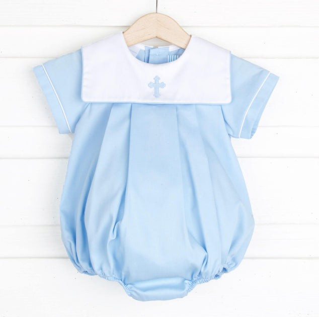 Blue Cross Embroidered Bib Boy Bubble | Classic Whimsy