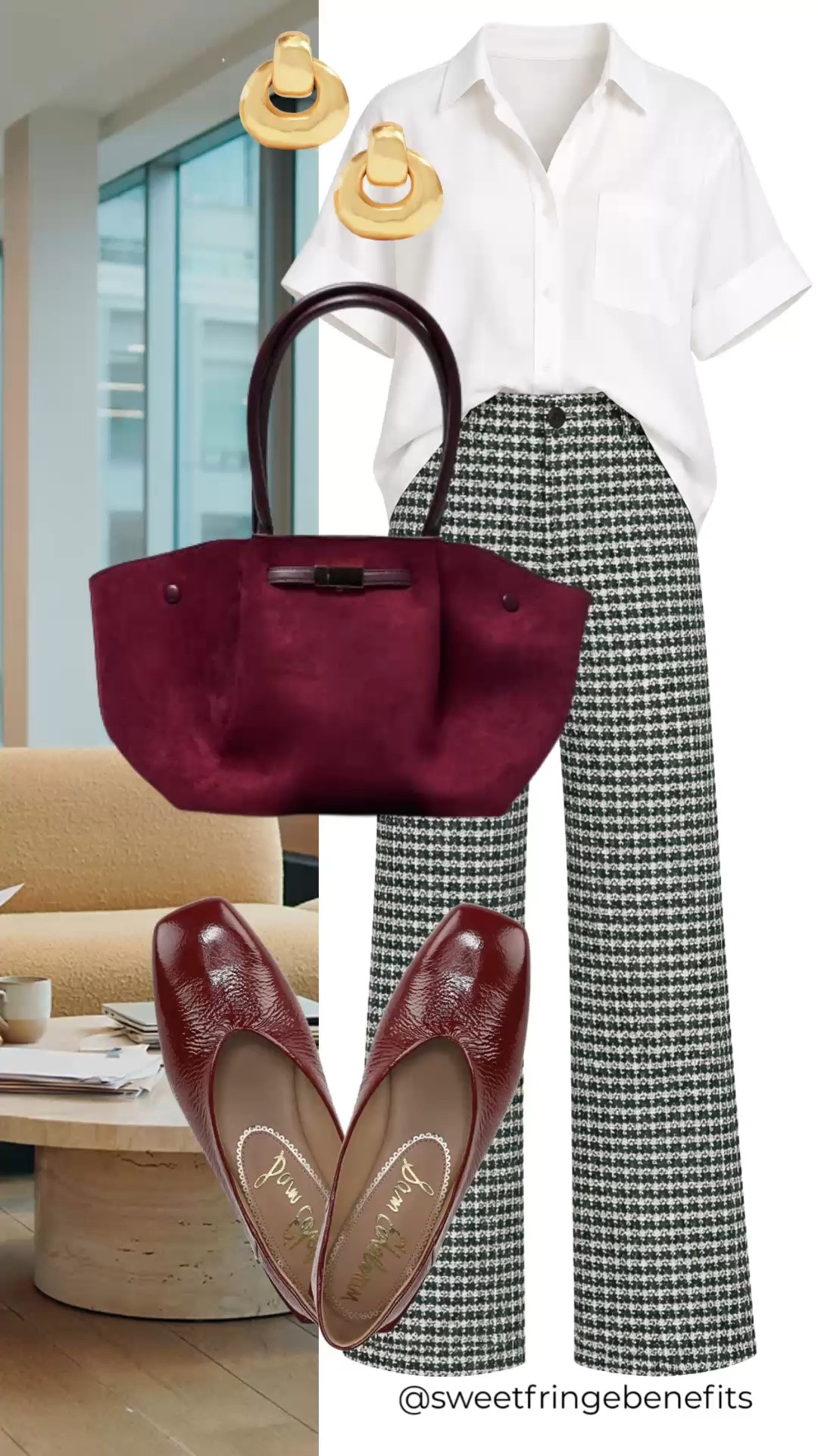 I’d let the patterned pants be the fun part here. The crisp white shirt keeps everything from getting too busy, and that burgundy bag is such a pretty little surprise.

#LTKootd #LTKOver40 #LTKWorkwear