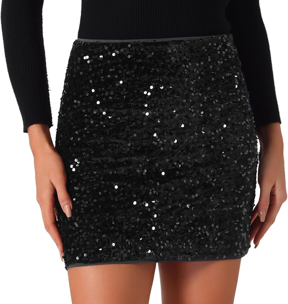 Allegra K Sequin Skirt for Women's High Waist Stretchy Velvet Sparkle Party Bodycon Mini Skirts | Amazon (US)