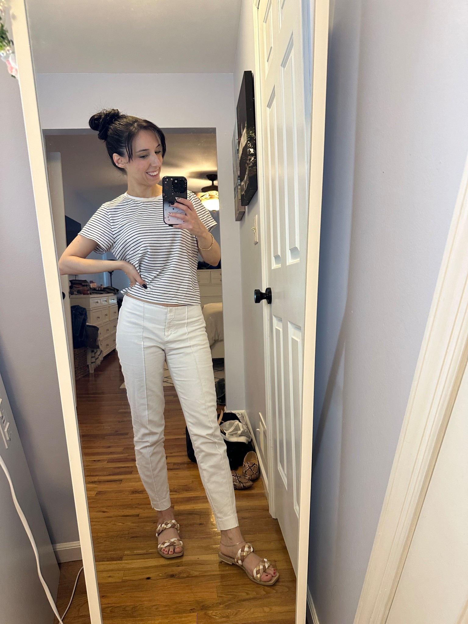 Black and white stripped tee size XL
White pants size 00
Sandals size 6.5

Work outfit, workwear, summer, casual, all white, 

#LTKWorkwear #LTKFindsUnder50 #LTKSeasonal