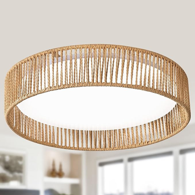 Rattan Overhead Light Fixture, 24W 16.9inch LED Dimmable Handwoven Boho Light Fixture 5CCT 3000K-... | Amazon (US)