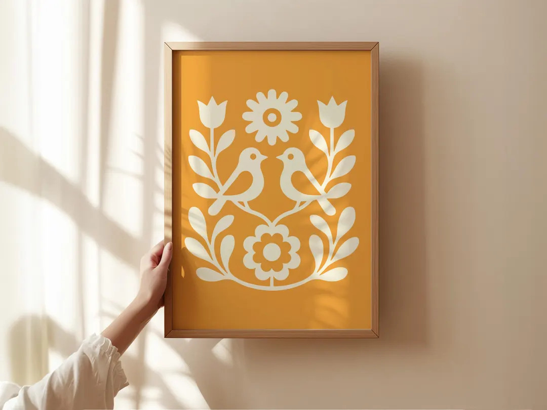 Yellow and White Scandinavian Bird Art – Modern Floral Folk Art Wall Print for Nordic, Boho, Co... | Etsy (US)