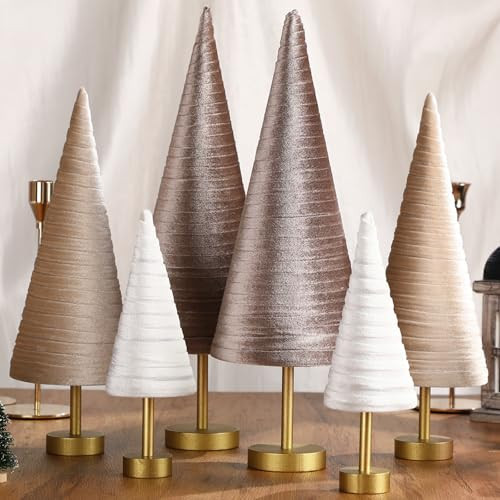Hoolerry 6 Pcs Christmas Velvet Trees with Gold Pedestal Christmas Velvet Cones Tree Mantel Decor Modern Rustic Winter Home Minimalist for Holiday Entryway Table Wedding Centerpiece(Gold Brown) | Amazon (US)