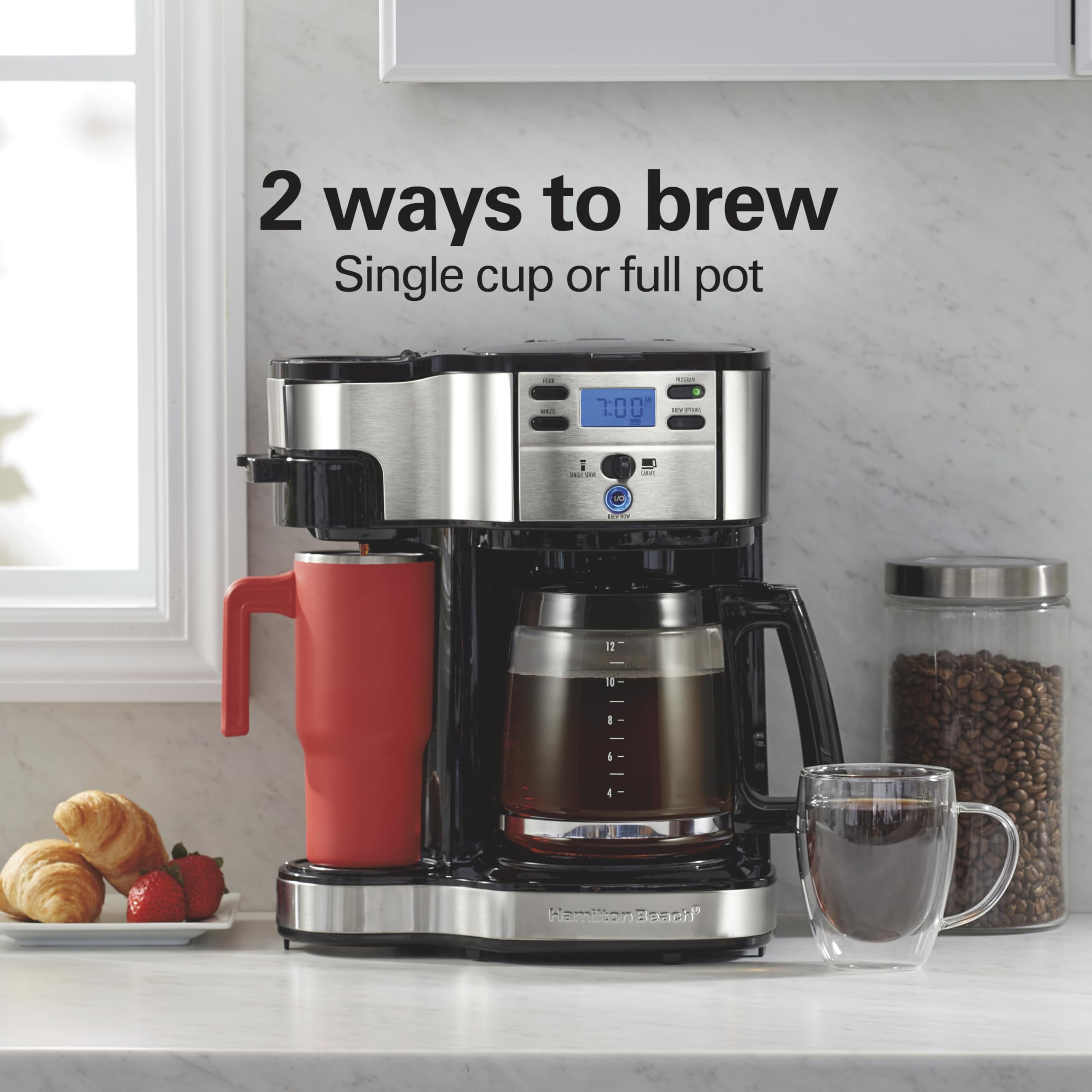 Hamilton Beach 2-Way 12 Cup Programmable Drip Coffee Maker & Single Serve Machine, Glass Carafe, Auto Pause and Pour, Black (49980R) | Amazon (US)