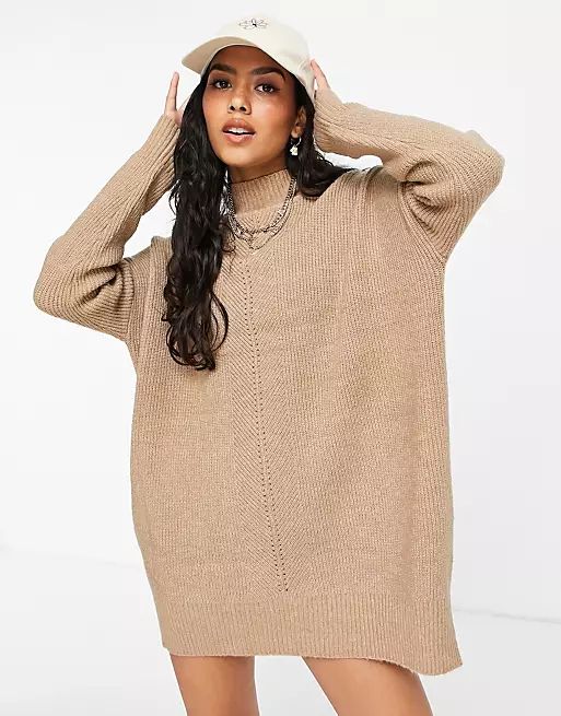 Miss Selfridge long sleeve longer line funnel neck sweater dress in camel | ASOS (Global)