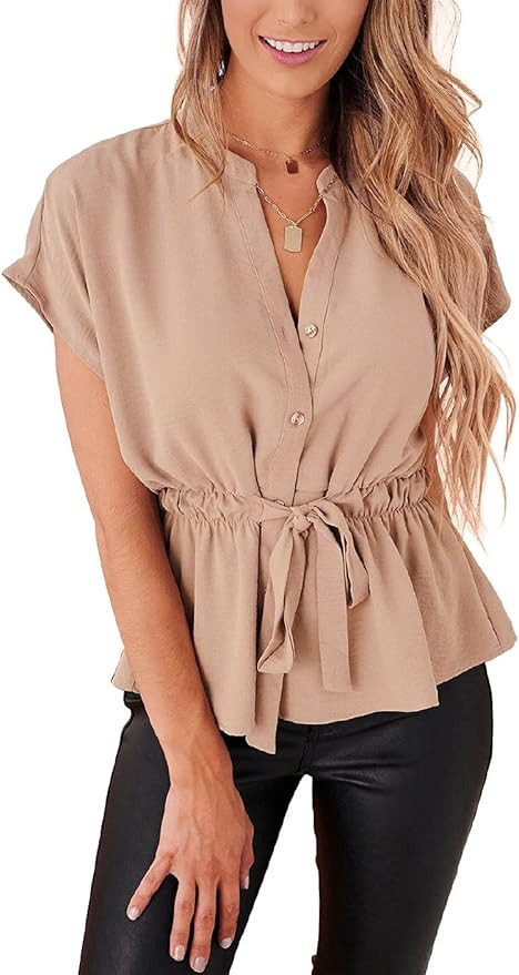 Womens Button Down Blouses Casual Peplum Summer Tops Dressy Chiffon Work Blouse | Amazon (US)