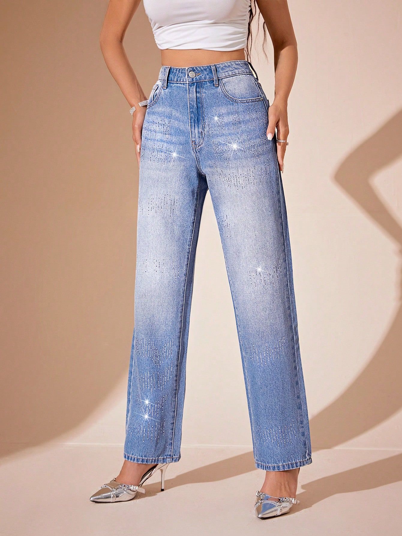 SHEIN BAE Rhinestone Detail Straight Leg Jeans | SHEIN