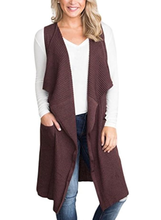 Sidefeel Women Sleeveless Open Front Knitted Long Cardigan Sweater Vest Pocket | Amazon (US)