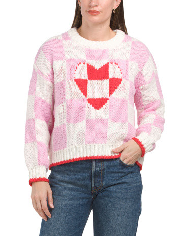 Long Sleeve Checkered Heart Pull Over Sweater | TJ Maxx